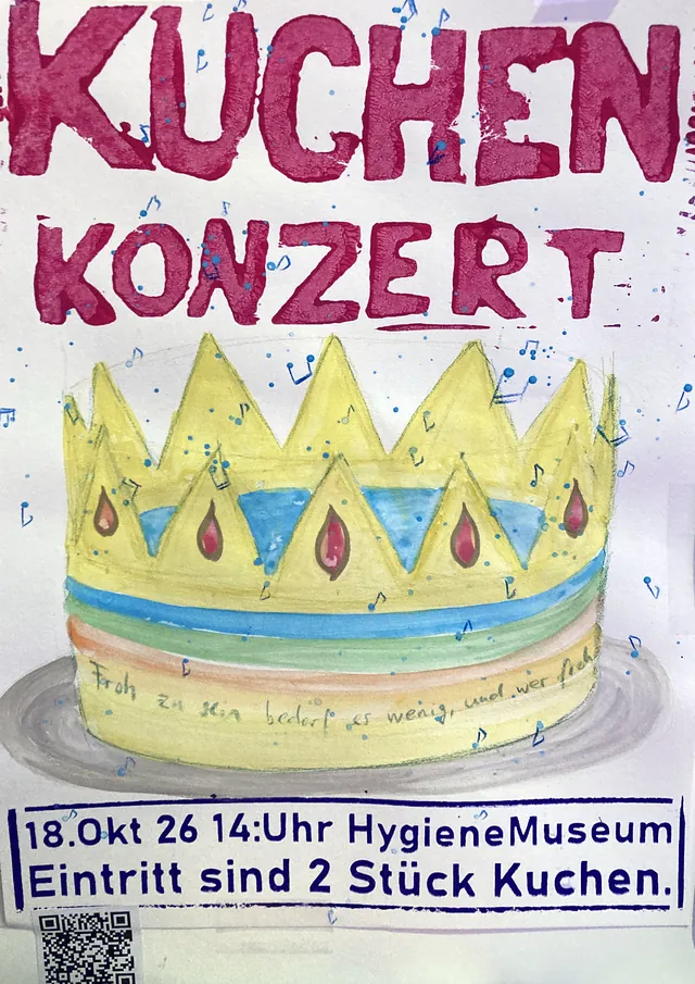 Plakat von Katrin: rote Stempelschrift, darunter eine gemalte Torte in Form einer goldenen Krone