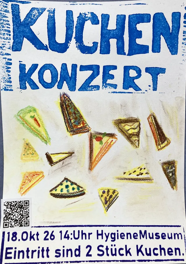 Plakat von Ria: blaue Stempelschrift, darunter viele dreieckige Kuchenstücke, mit Wachsmalkreide gemalt