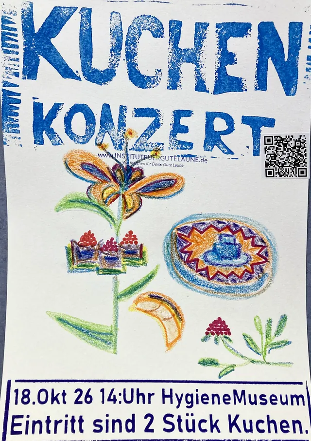 Plakat von Sabine: mit Wachsmalkreide gemalt, eine große Blume, ein runder Kuchen und kleine Törtchen