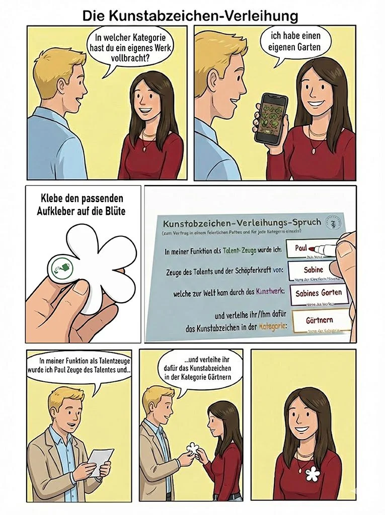 Comic in sechs Bildern: eine Kunstabzeichen-Verleihung von der Werkschau bis zum angehefteten Abzeichen